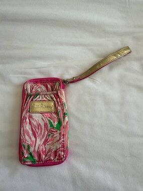 Lilly Pulitzer Pink Flamingo, Green and White Floral Wristlet with Gold Strap